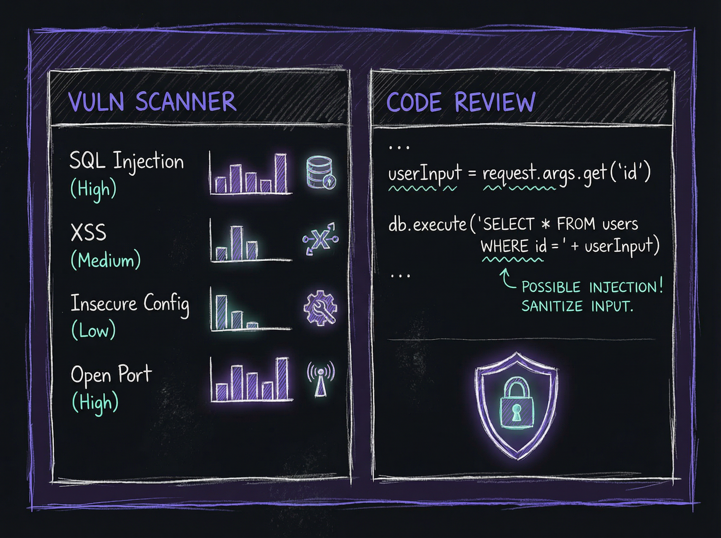 Security engineer test interface showing vulnerability scan results, code review panel, and threat model diagram