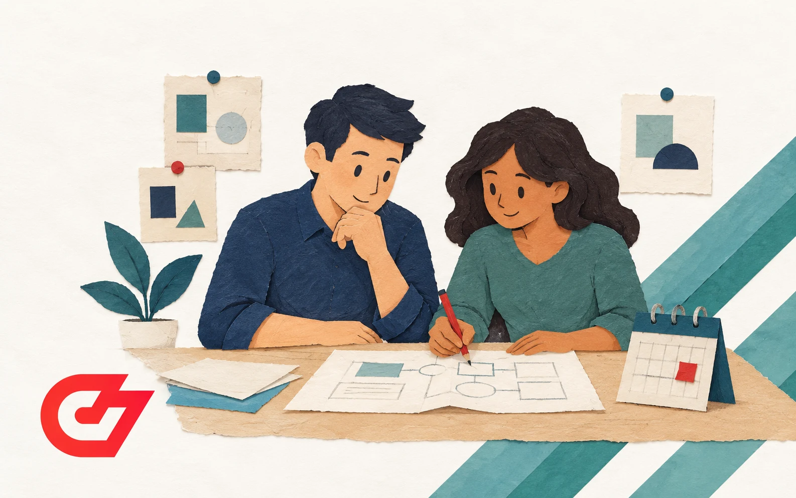 Cut-paper illustration of two colleagues at a desk reviewing a shared schematic beside a calendar on an ivory and muted teal background with the red CodeSubmit mark.