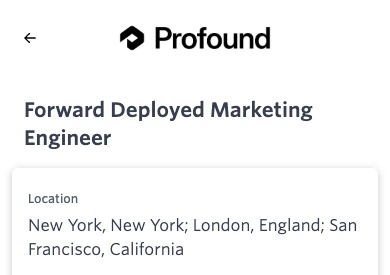 Original Profound job-page header naming its marketing role and advertised cities.